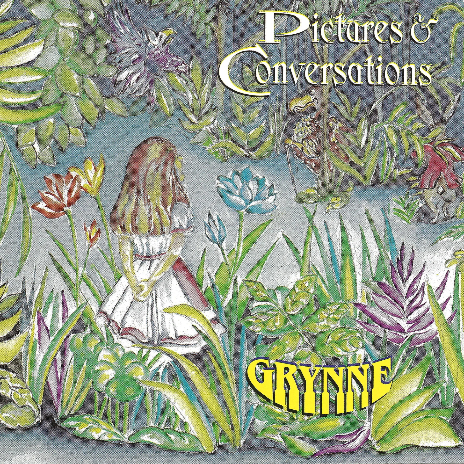Illustrated book cover titled Pictures & Conversations featuring a woman in a garden surrounded by colorful flowers and foliage, with GRYNNE at bottom