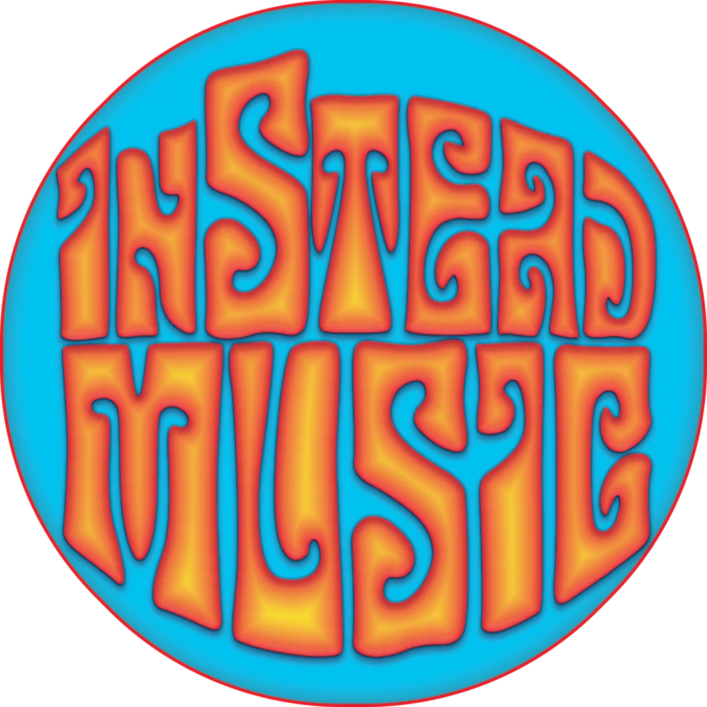 Circular logo with red and orange text reading 'INSTEAD MUSIC' on bright blue background