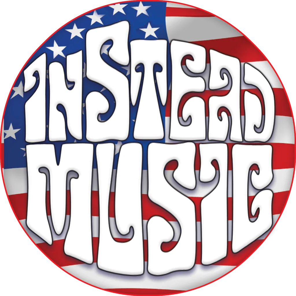 Circular logo with red and white stripes and blue star background, white decorative text reading Instead Music