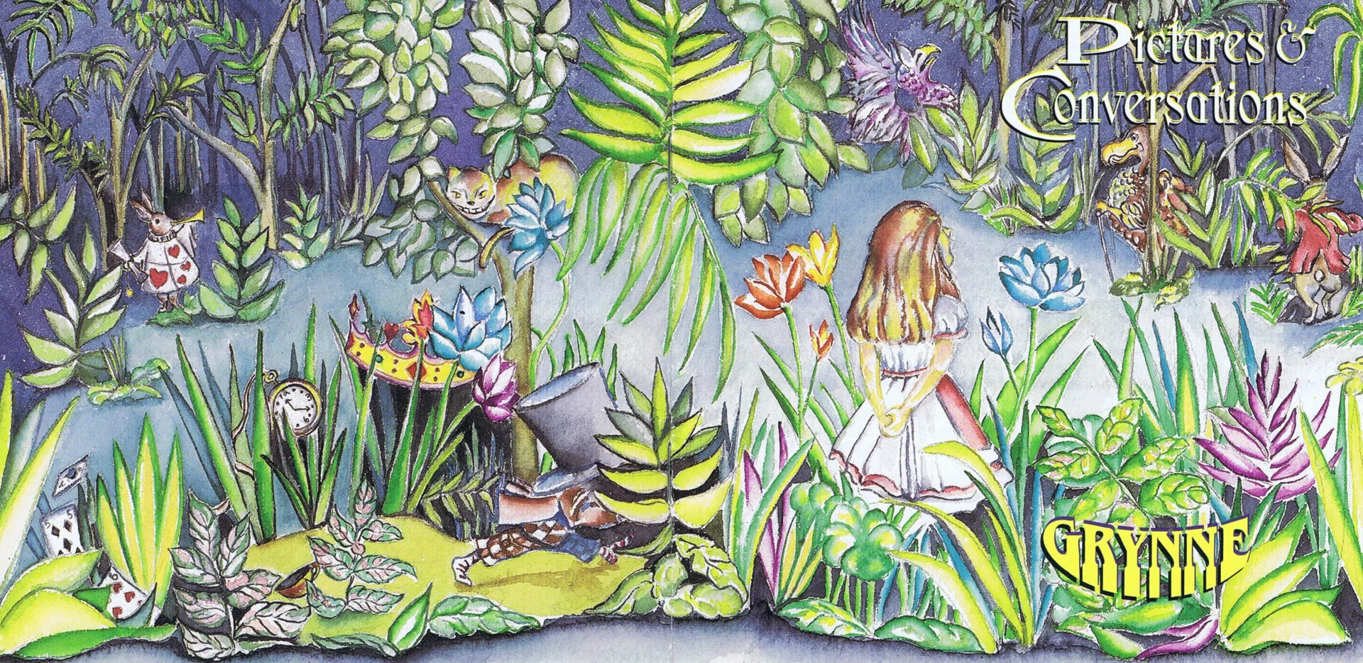 Illustrated book cover featuring a girl surrounded by lush green foliage, flowers, and whimsical characters in a garden setting with purple and blue tones
