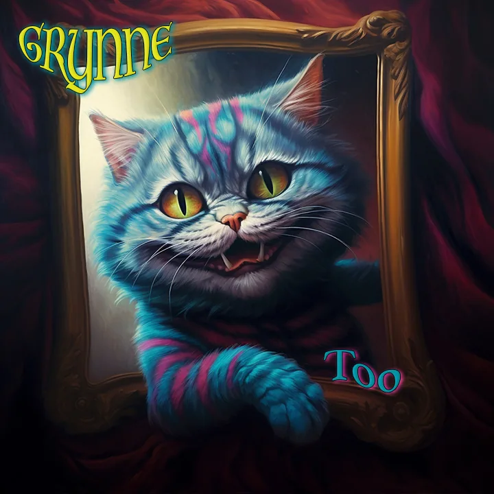 Smiling blue and magenta striped cat with yellow eyes in an ornate frame against dark red curtains